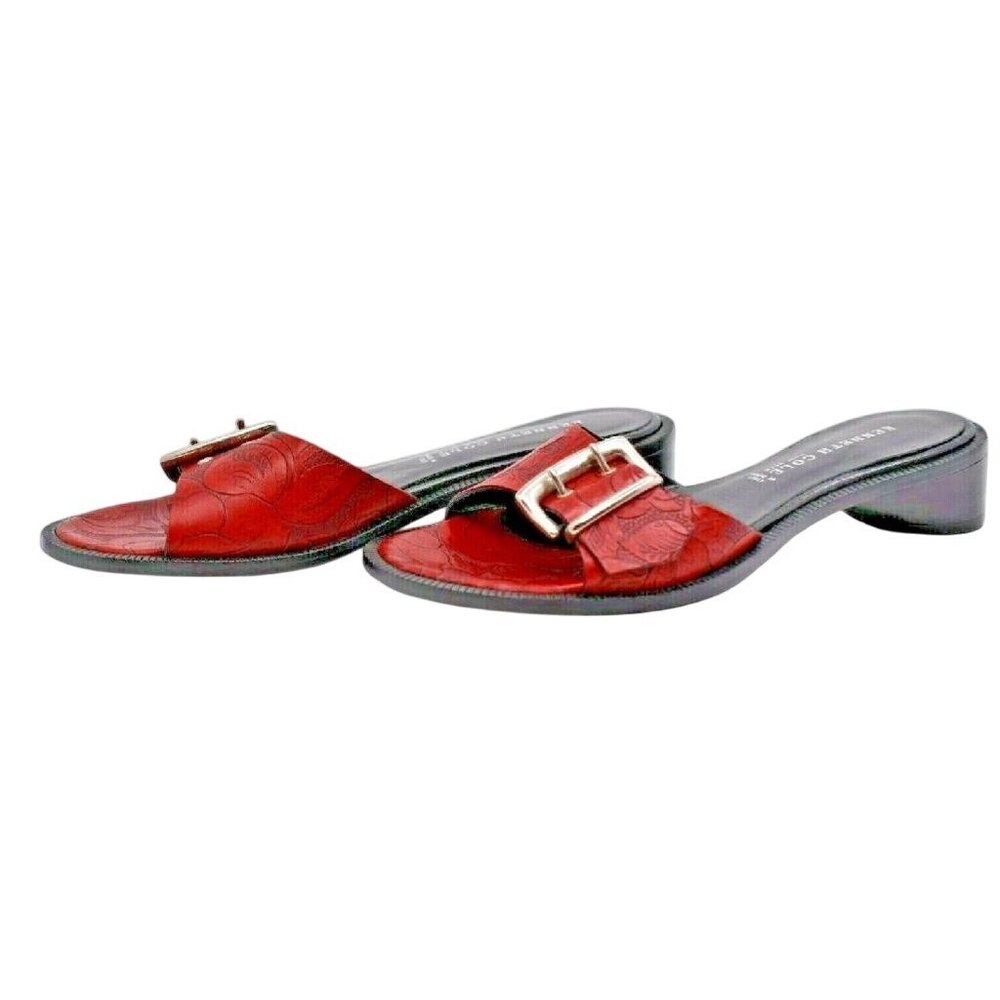 Vintage‎ Kenneth Cole “Flower Child” Red Tooled Leather Slide Sandals sz 6 M